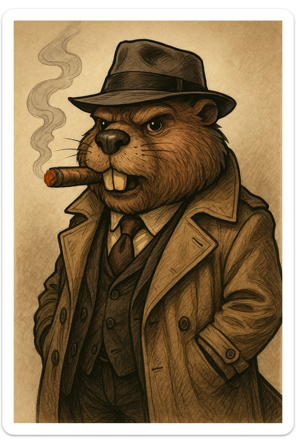 beaver gangster smoking a cigar, wearing a trench coat, tie, and hat, detailed cartoon style sticker