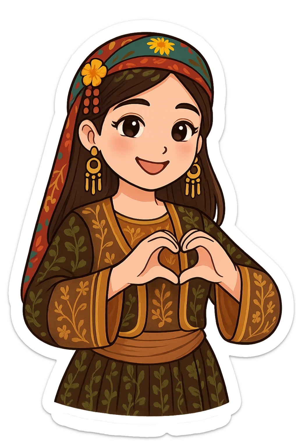 Kurdish cartoon sticker of the same woman in the new dress, hands making a heart shape, loving expression, no text, transparent background sticker