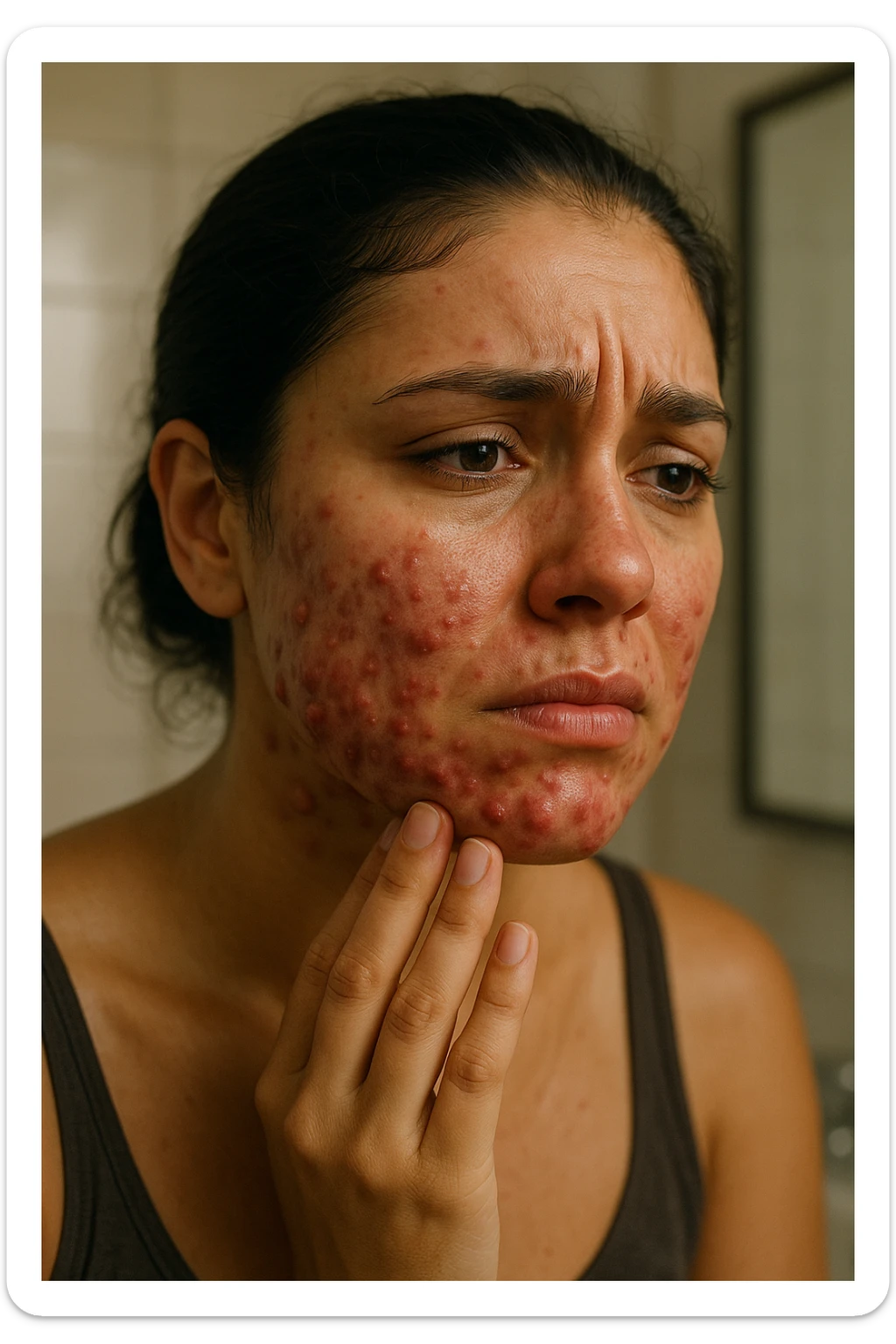 A highly realistic, cinematic portrait of a young woman in her late 20s with medium skin tone, showing visibly inflamed, deep cystic acne along her jawline, cheeks, and chin. Her skin appears red and irritated around the acne nodules, with noticeable swelling and tenderness, illustrating the painful nature of cystic acne linked to PCOS. Her facial expression shows discomfort and emotional distress, with slightly teary eyes as she gently touches an inflamed area on her jawline with her fingertips. Her hair is pulled back to clearly show the acne areas, and her skin has a slightly oily texture due to androgen-related sebum overproduction. The environment is a softly lit bathroom with neutral daylight, emphasizing the skin texture, redness, and deep acne. The style is realistic, 35mm cinematic photography with warm, neutral tones, soft shadows, and clear skin detail, providing a compassionate yet direct visualization of PCOS-related cystic acne sticker