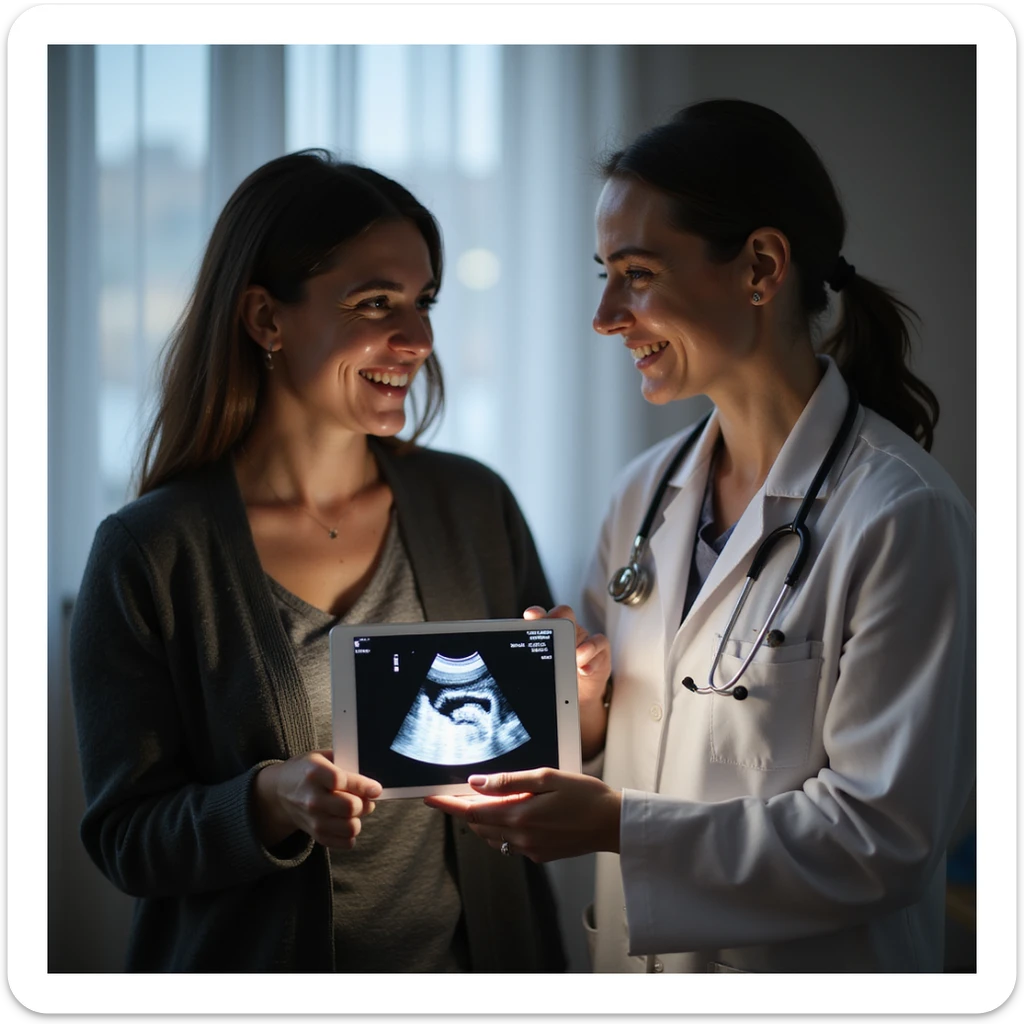 woman with PCOS and doctor showing ultrasound or graphic of healthy oocytes, both smiling, atmosphere of hope and success, clinical environment, realistic photography sticker