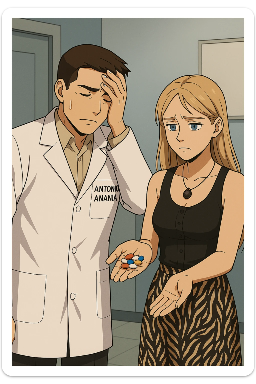 fai un webtoon/manga a colori con questo kinesiologo in camice bianco (fagli la scritta "ANTONIO ANANIA" SUL CAMICE) CHE PARLA CON QUESTA RAGAZZA CON GLI OCCHI AZZURRI. LA RAGAZZA HA UN PUGNO DI INTEGRATORI IN MANO (TANTE PILLOLE DIVERSE) E LE GUARDA DUBBIOSA. IL KINESIOLOGO CON IL CAMICE BIANCO SI TIENE UNA MANO SULLA FRONTE SCONFORTATO MENTRE LE DICE CHE STA SBAGLIANDO A PRENDERE TUTTI QUEGLI INTEGRATORI. NON FARE I FUMETTI, FAI SOLO LORO COME SE DIALOGASSERO sticker