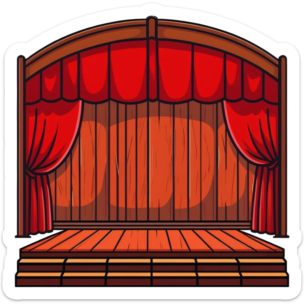 dramatic theater stage with red curtains drawn to sides, wooden planks, and bright spotlight in middle sticker