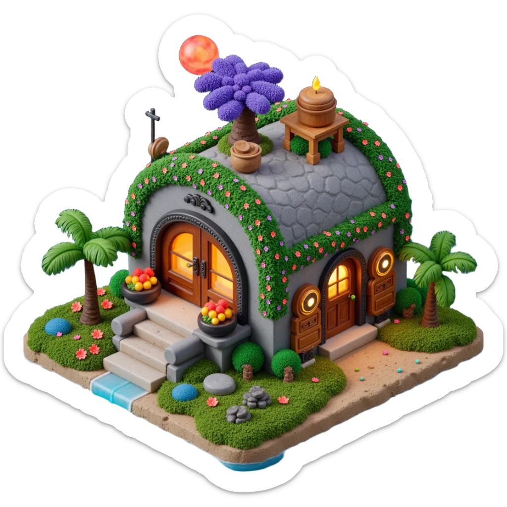 Exterior view of a jungle farm, metallic hull with glowing pipes, aztec design. stars and planets in the background, emoji-style sticker