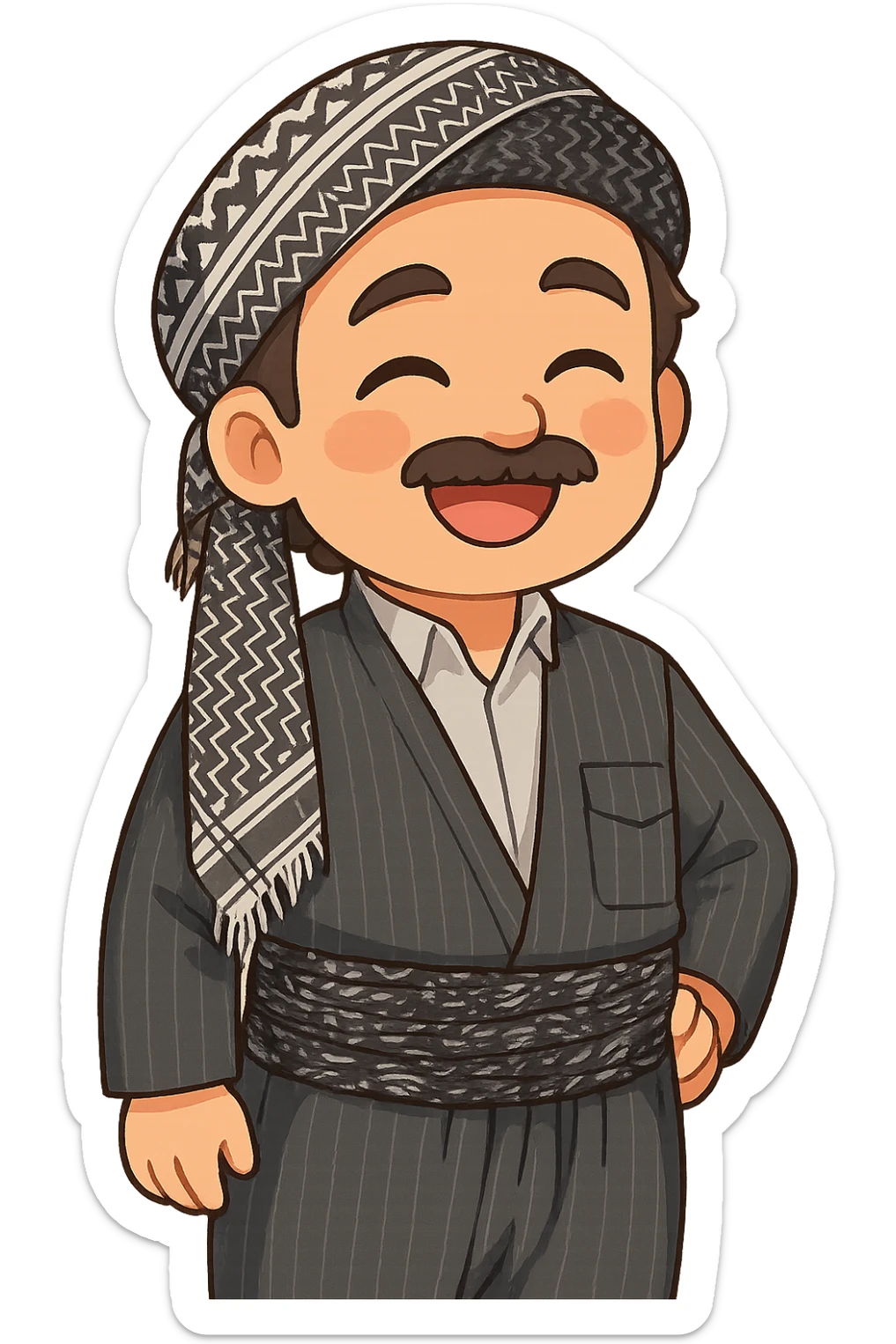 Create a colorful and cheerful cartoon sticker of a Kurdish person wearing traditional clothing exactly like the reference image. The sticker should have no text and be suitable for WhatsApp and Instagram. Use a transparent background. sticker