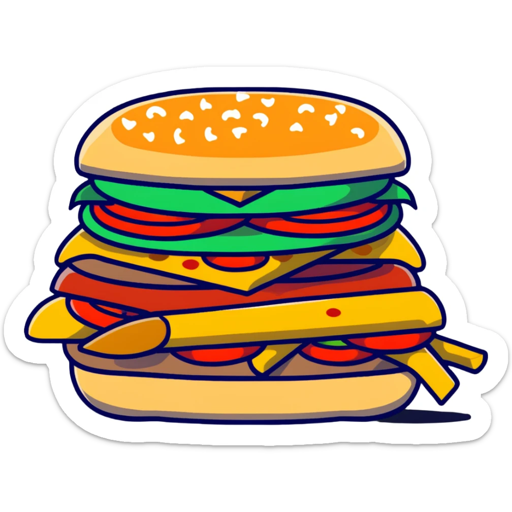 A burger with pizza toppings, french fries sticking out the sides, and apple slices as garnish sticker