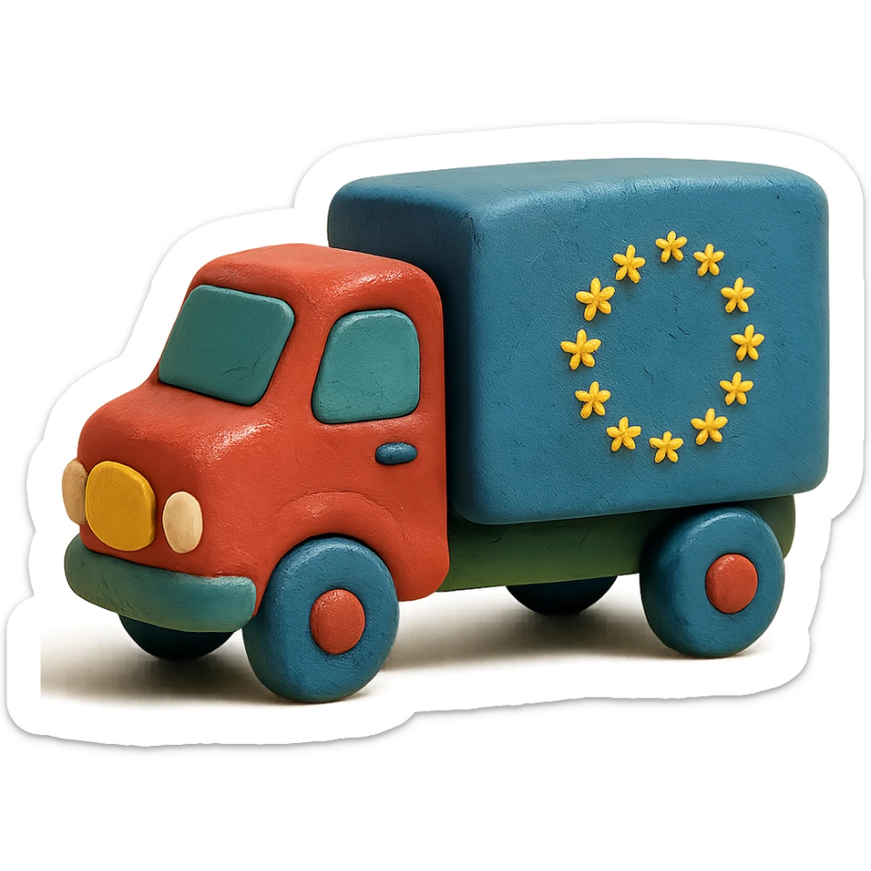 claymation style cargo truck with European flag, pastel colors sticker