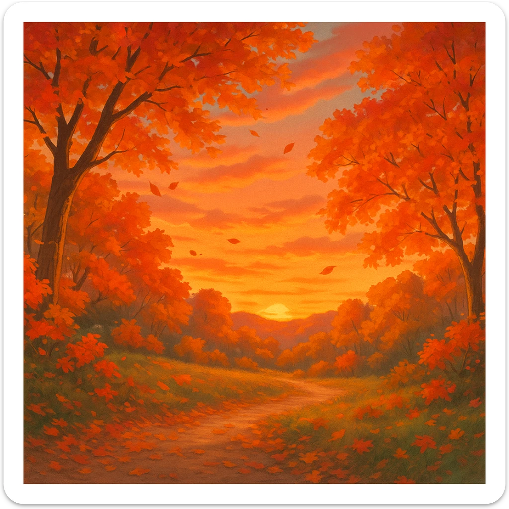 fall season sunset with vibrant autumn colors, colorful leaves, cozy atmosphere in ghibli style sticker