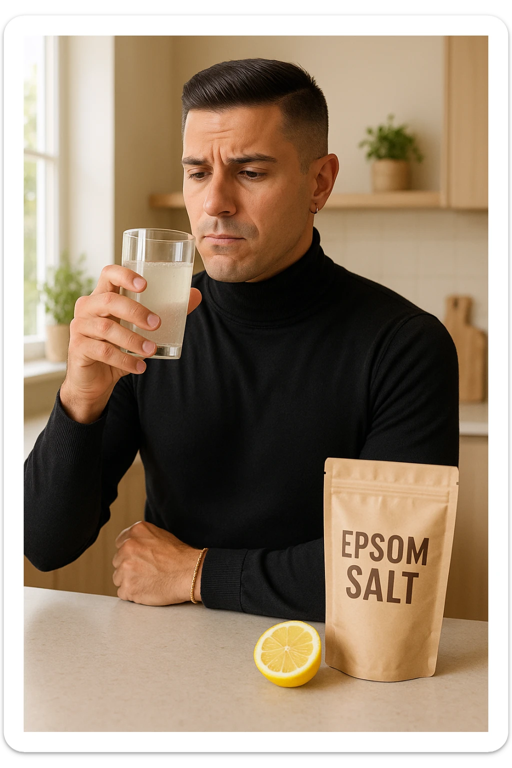 A realistic, bright photo-style image of a young man in his 30s standing in his kitchen, holding a clear glass filled with water in which Epsom salt (magnesium sulfate) has been dissolved. He looks focused but slightly uncertain as he prepares to drink it for a liver flush or digestive cleanse. The glass shows slight cloudiness from the dissolved salt. On the counter are a packet labeled 'Epsom Salt' and a sliced lemon, suggesting he might use it to mask the taste. The setting is clean, natural, and bright with neutral tones. The background shows sunlight streaming through a window, emphasizing a clean, minimalist health-focused environment. The mood conveys a realistic, calm moment of self-care with a hint of discomfort, illustrating a natural detox practice in italiano sticker