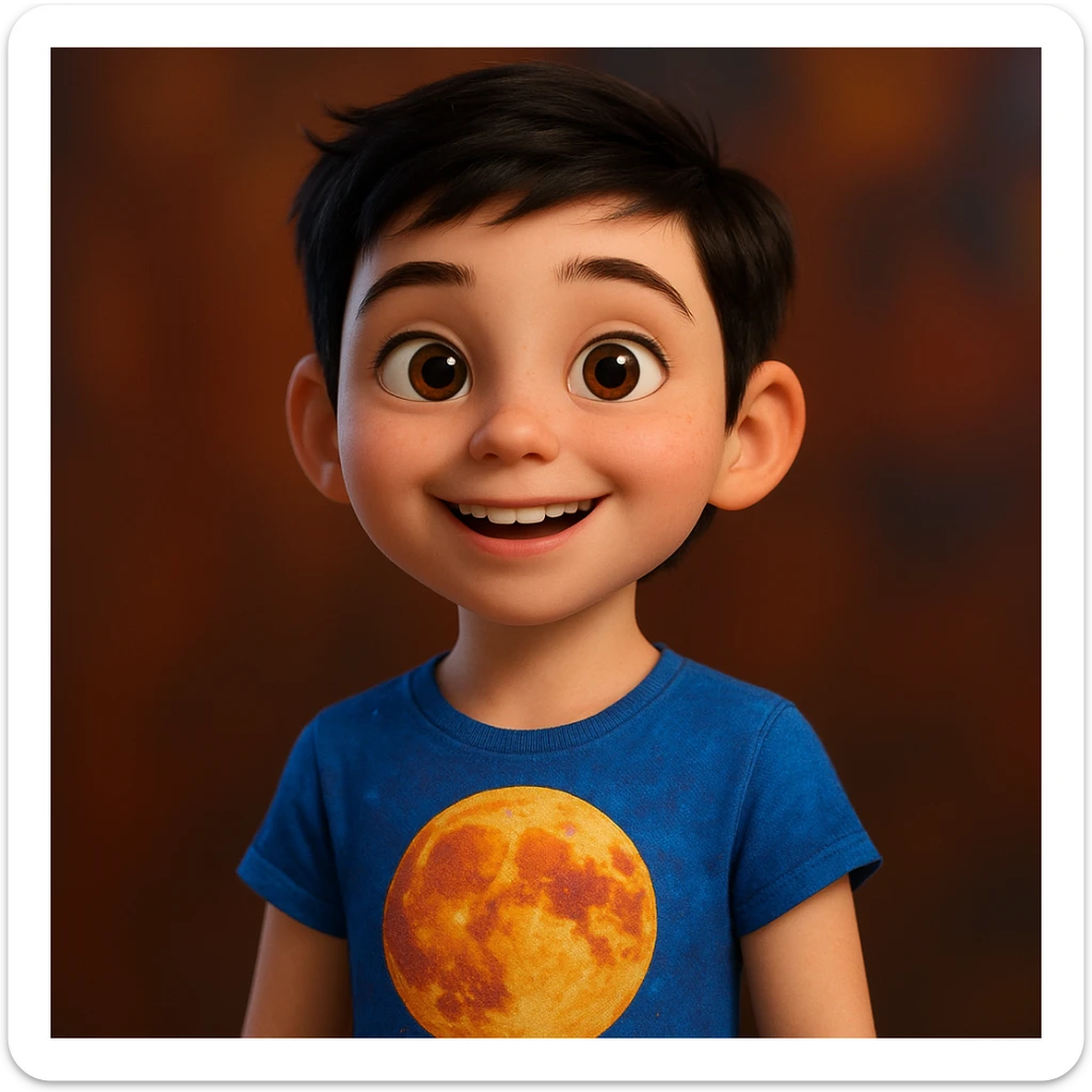 Pixar style girl with white skin, short black hair styled like a boy, wearing a t-shirt with a moon design sticker