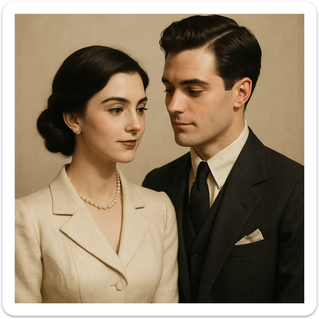 romantic couple with black hair, vintage old money fashion, refined and classic look sticker