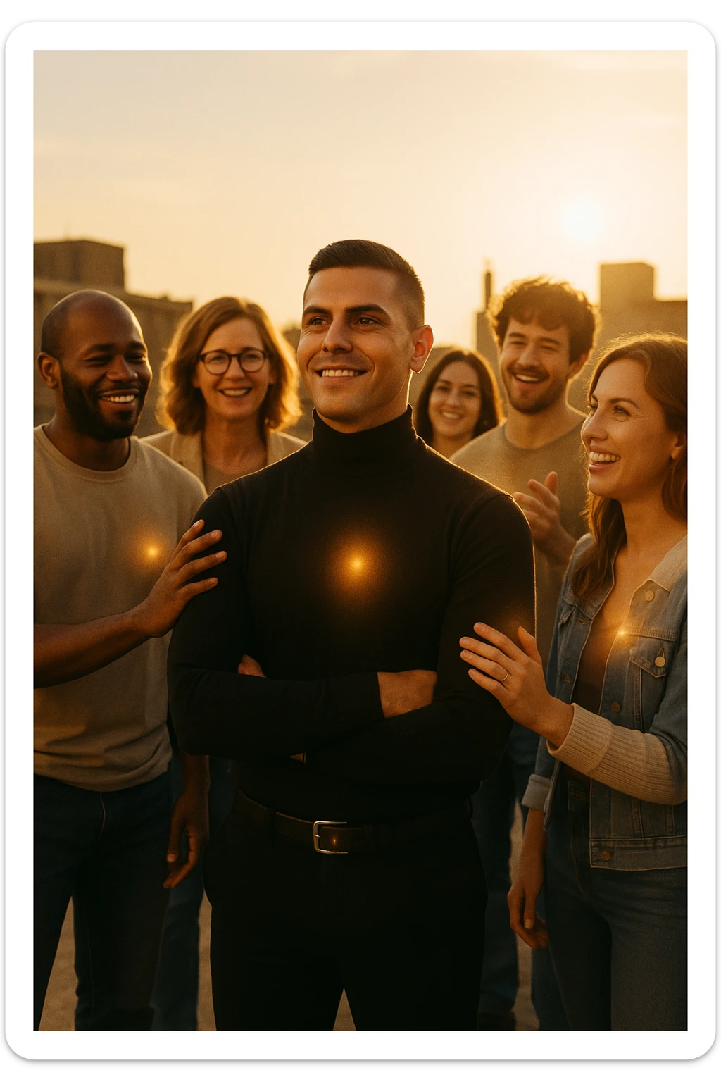 A cinematic scene of a man in his early 30s standing at the center of a sunlit urban rooftop during golden hour, surrounded by a diverse group of supportive, smiling people — friends, mentors, colleagues. They’re standing slightly behind or beside him, hands on his shoulder or gesturing toward him with encouragement. The man looks forward with a confident, inspired expression, body slightly relaxed, as if something inside di lui sta cambiando. The light behind the group forms a halo effect, emphasizing warmth and unity. Subtle visual symbolism: faint glow around their hands and hearts, suggesting their energy is uplifting him. Realistic clothing, modern style — jeans, T-shirts, casual jackets. The mood is inspiring, grounded, and full of potential. Shot in 35mm film style, with rich warm tones, shallow depth of field, and vibrant human detail. sticker