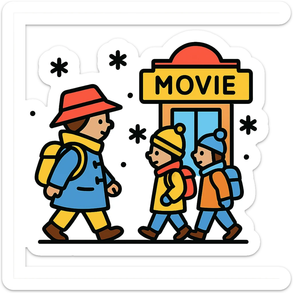 A group of school children walking to a movie theater in winter, inspired by Paddington Bear sticker
