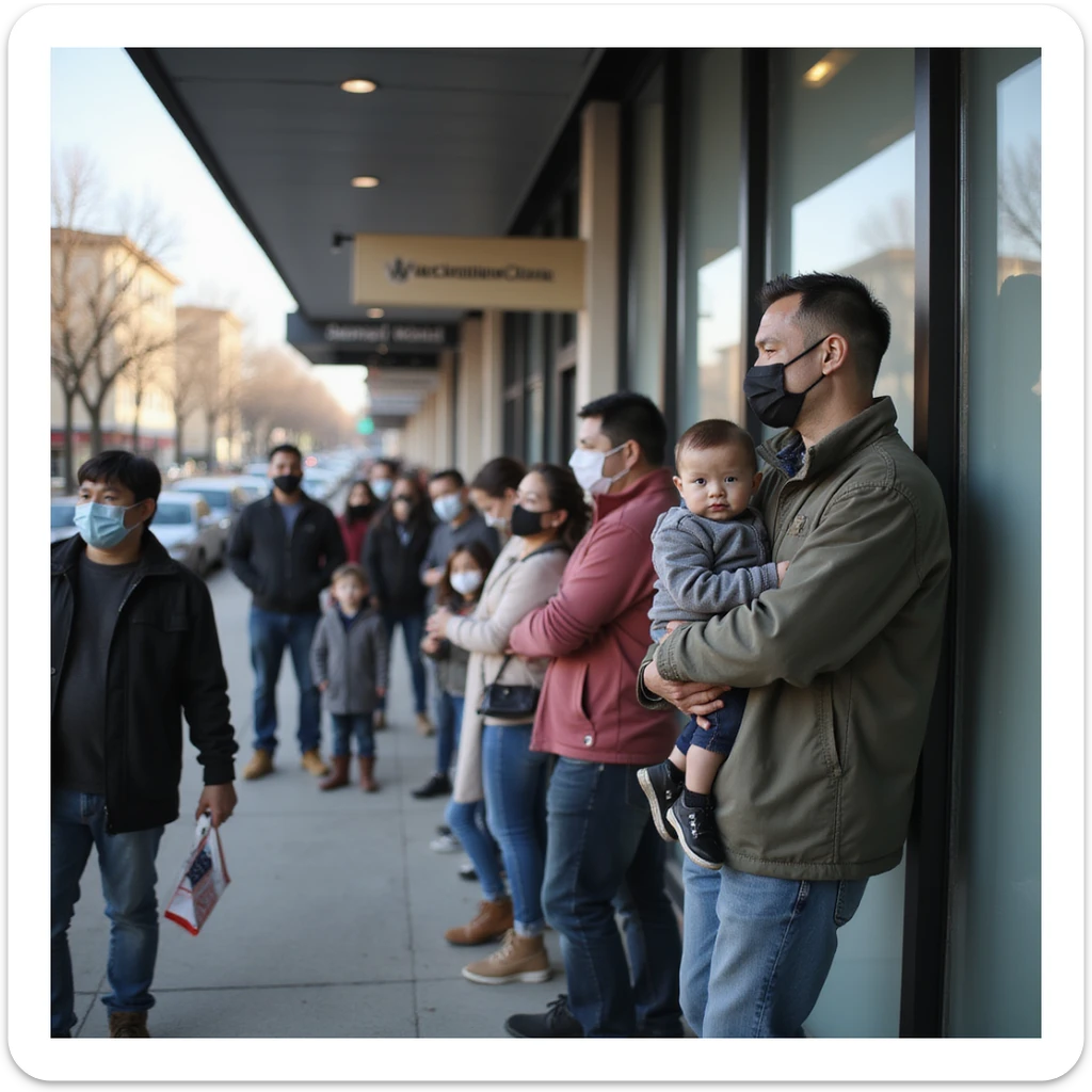 photo-realistic documentary style, family with children and elderly in line outside a modern clinic, some masked, clear vaccination sign, urban setting, soft daylight, 4K resolution sticker