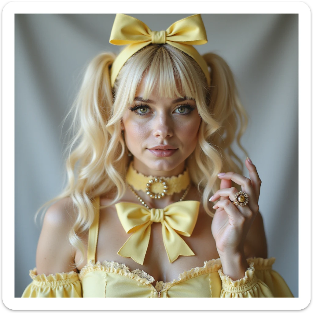 pastel yellow gothic bow and matching accessories including choker, hair clip, brooch, ring with lace and velvet details, photorealistic style, transparent background, variation 4 sticker