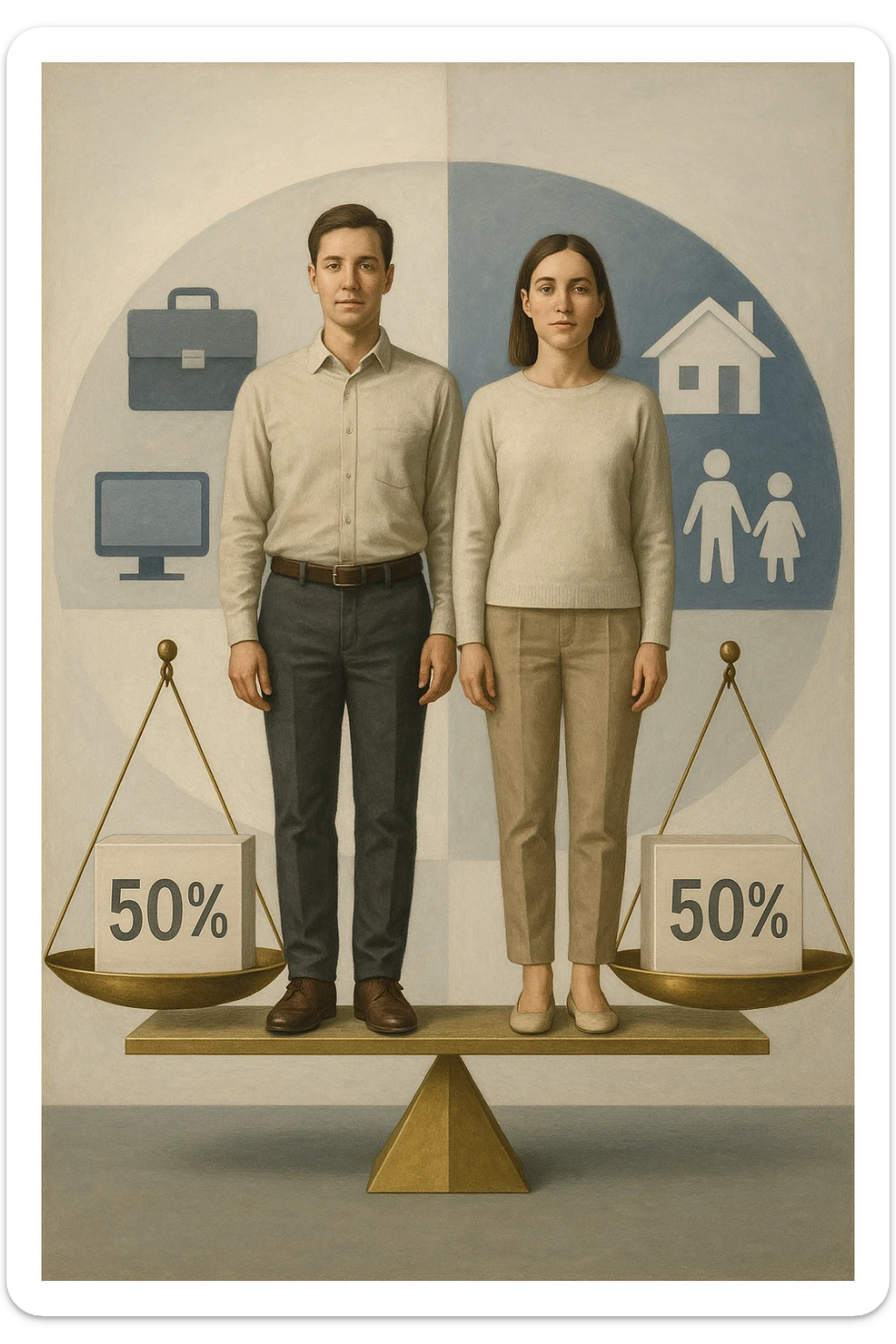 Uomo e donna in piedi l’uno accanto all’altra, al centro di una bilancia perfettamente in equilibrio. Entrambi vestiti in modo simile (moderno e neutro), con espressioni serene e rispettose. Sotto i loro piedi, due blocchi con scritto '50%' ciascuno. Sullo sfondo, elementi divisi simmetricamente: lavoro, famiglia, tempo libero, rappresentati equamente da entrambi. Atmosfera armoniosa, illuminazione equilibrata, colori neutri e simbolici (bianco, grigio, blu e oro). Stile realistico con accento simbolico sul concetto di equità in italiano sticker