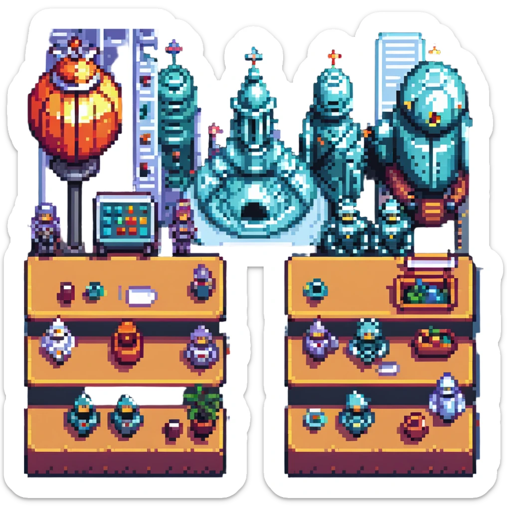 Add a detailed futuristic city as the background, keeping the Last Supper scene with knights, robots, and people at a long table in pixel art style. Make the scene vibrant and colorful with pixel art details. sticker