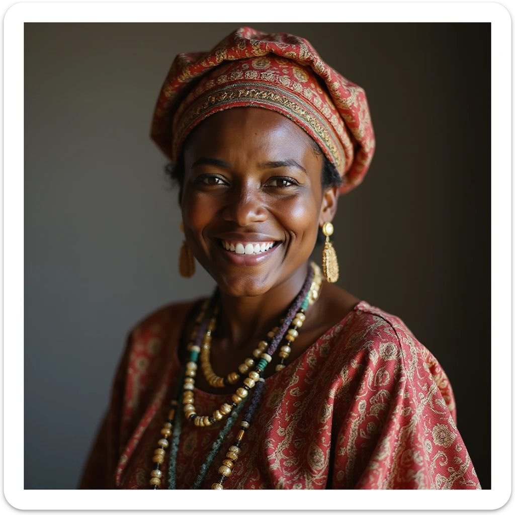 realistic portrait of an Ethiopian woman wearing traditional Habesha kemis dress, smiling, detailed, photorealistic style sticker