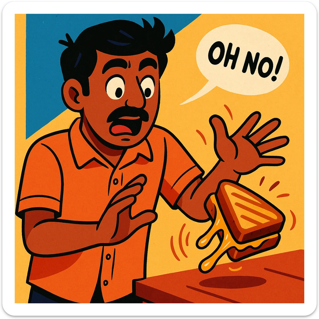 An Indian man with medium brown skin and black hair, wearing a casual shirt, accidentally dropping a grilled cheese sandwich, expressive and lighthearted scene, vibrant toon style sticker