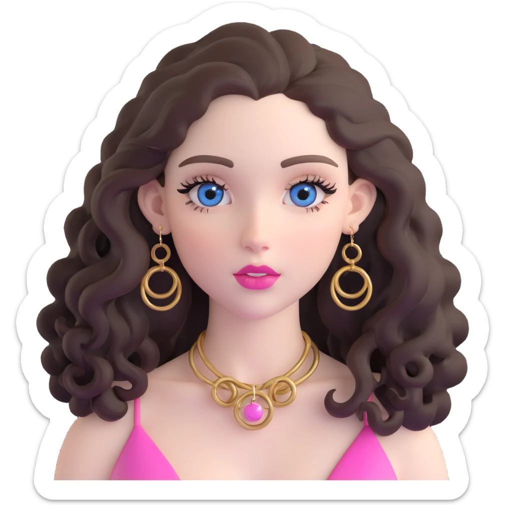 beautiful girl with big blue-grey eyes, long lashes, pale skin, pink lips, long voluminous dark brown curls, gold hoop earrings, silky halter top sticker