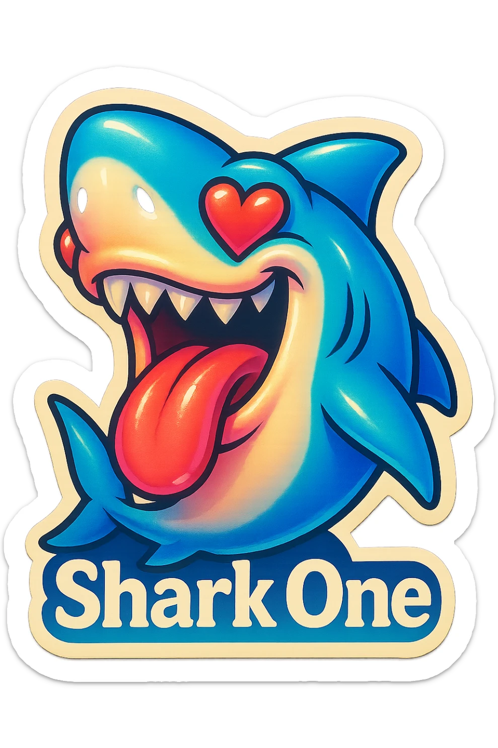 mouth open with tongue out
heart shaped eye
add the words “ Shark One " in White sticker