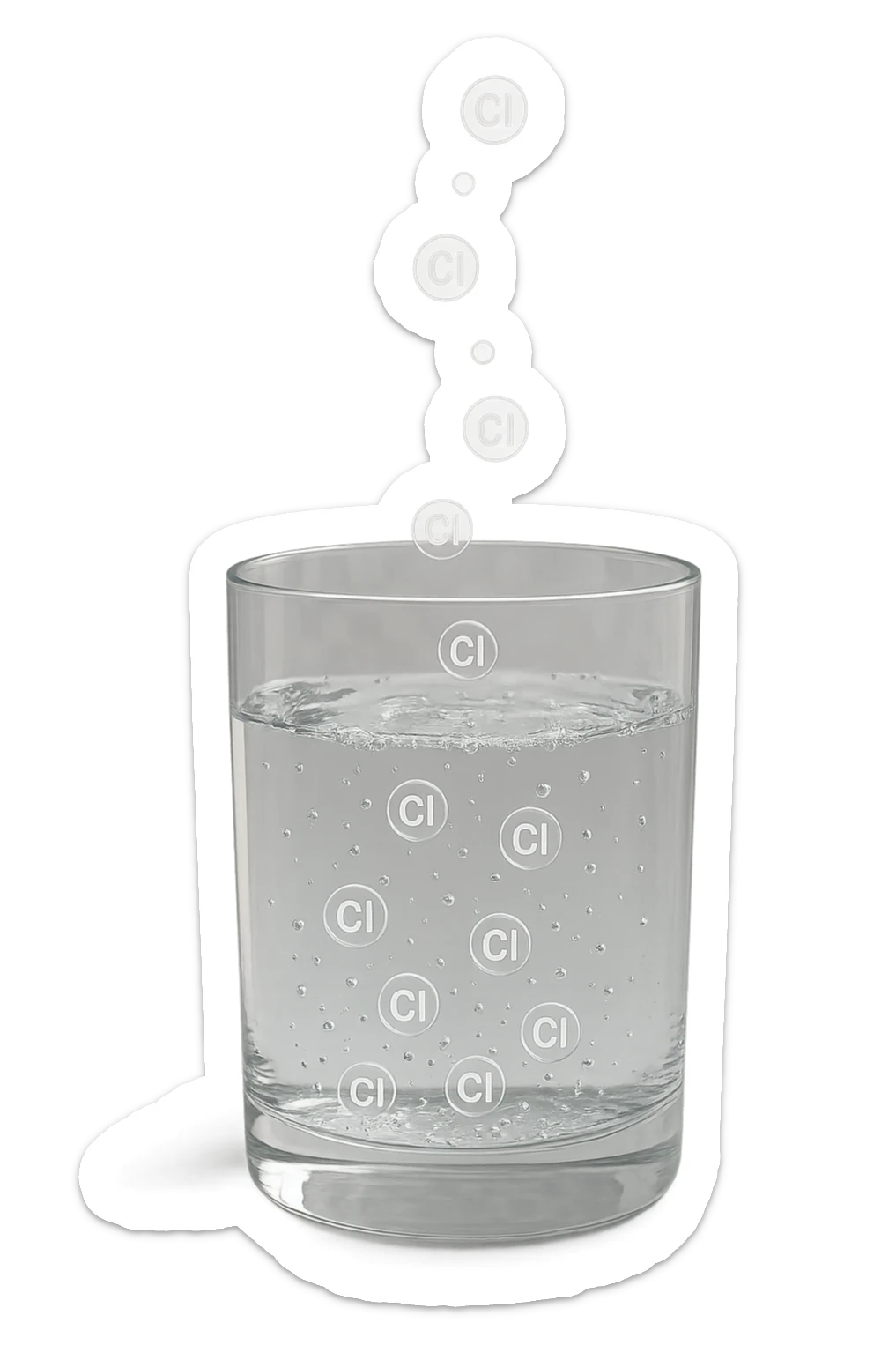 un bicchiere di acqua fluttua in aria realistico e dettagliato, dentro l'acqua del bicchiere ci sono particelle di cloro ben visibili con la scritta "Cl" sopra, ci sono particelle anche che escono dal bicchiere e fluttuano in aria verticalmente, mentre alcune sono all'interno dell'acqua nel bicchiere, iperrealistico 4k sticker