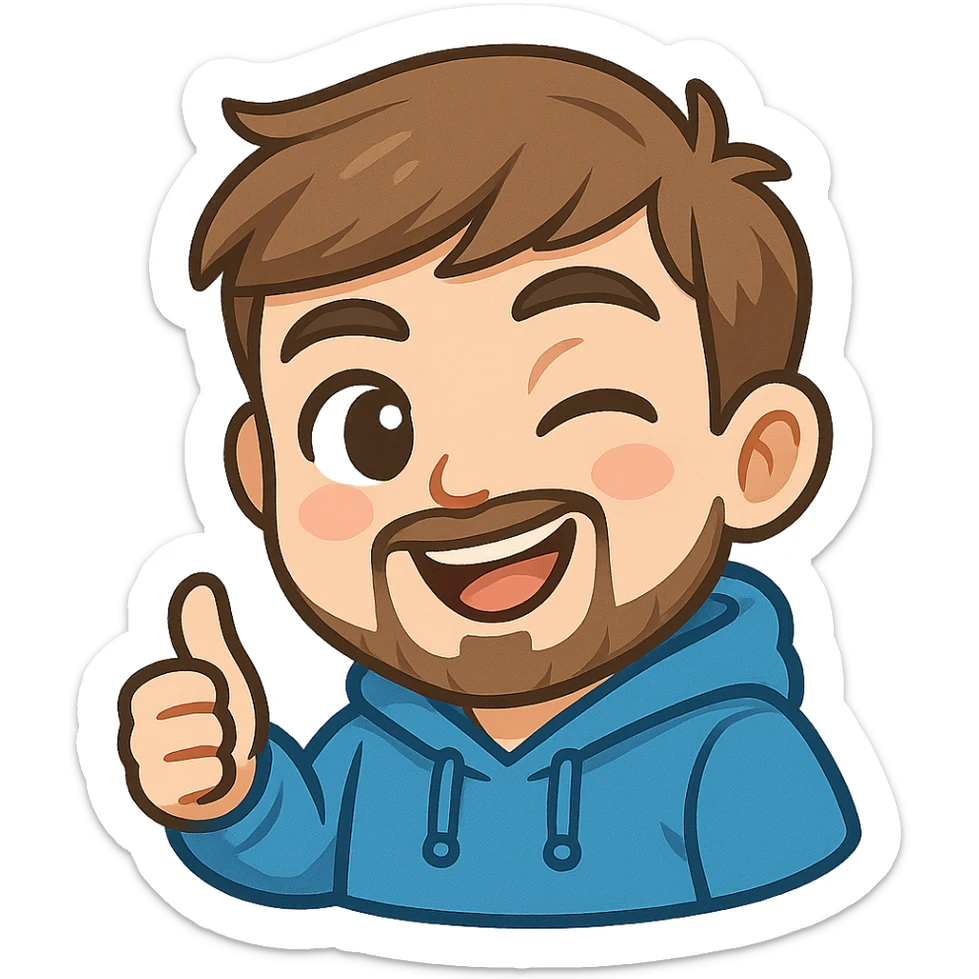 cartoon emoji of MrBeast winking, giving a thumbs up, blue hoodie, trimmed beard, brown hair sticker