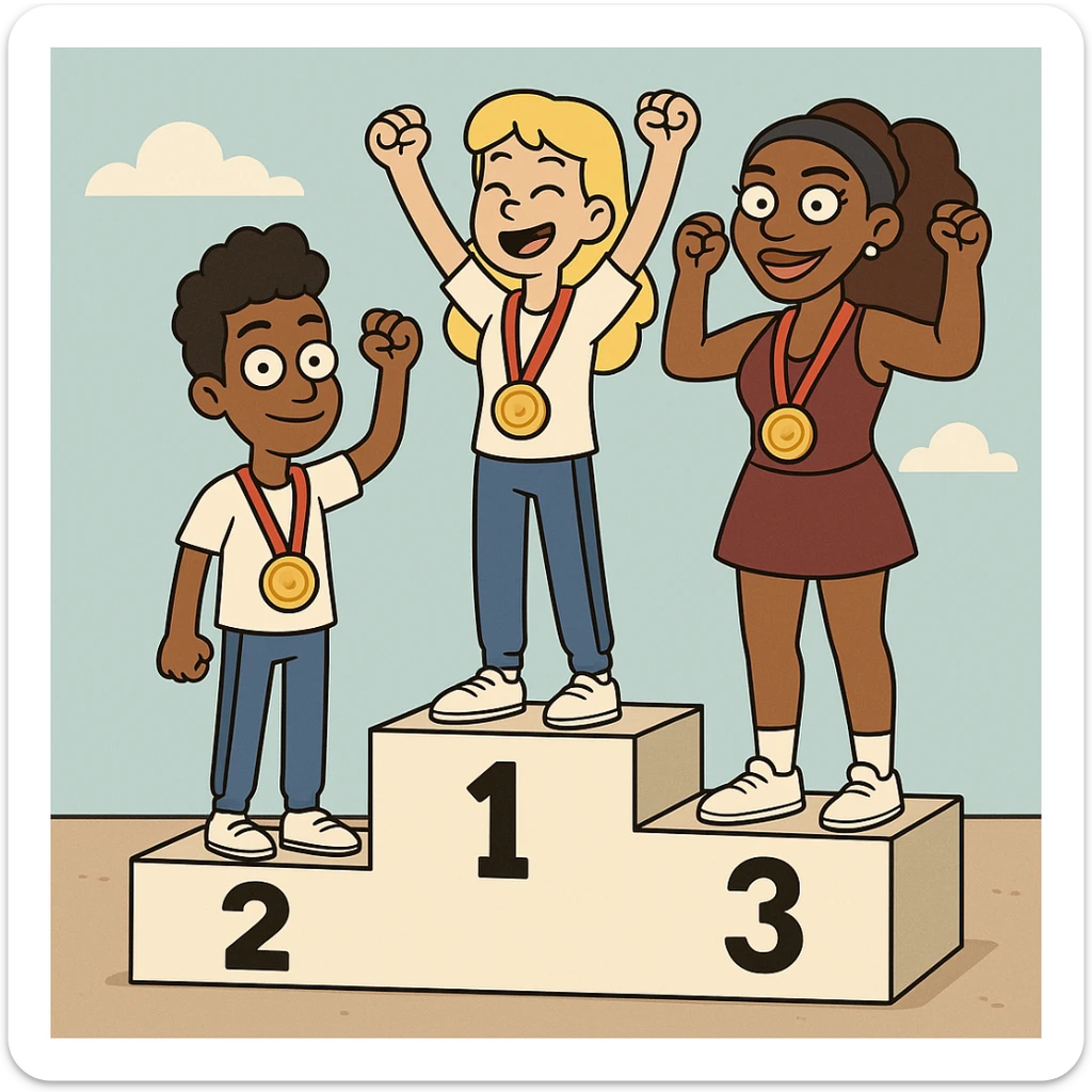 winners podium girl yellow hair Olympic Gold Medal a boy brown skin black Classic Curl hair Olympic Gold Medal Serena Williams Olympic Gold Medal  sticker