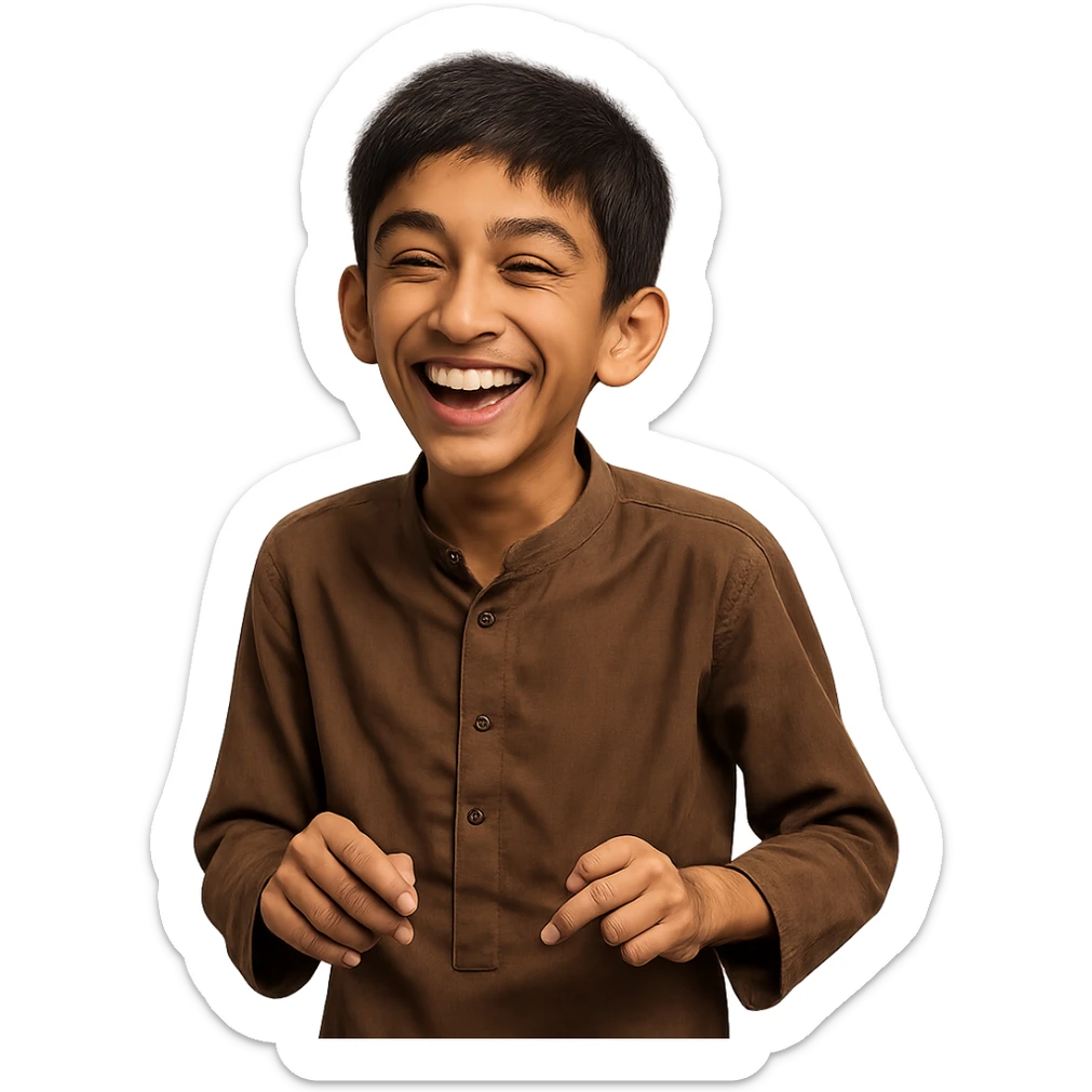 young, thin Pakistani boy with a big grin, looking like he's about to tell a joke sticker
