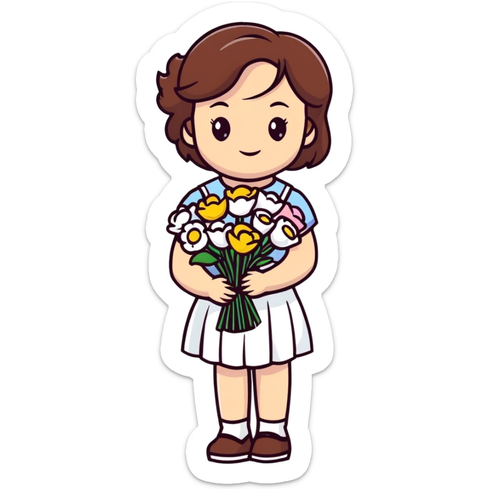 girl with brown hair wearing a white skirt holding a bouquet of flowers sticker
