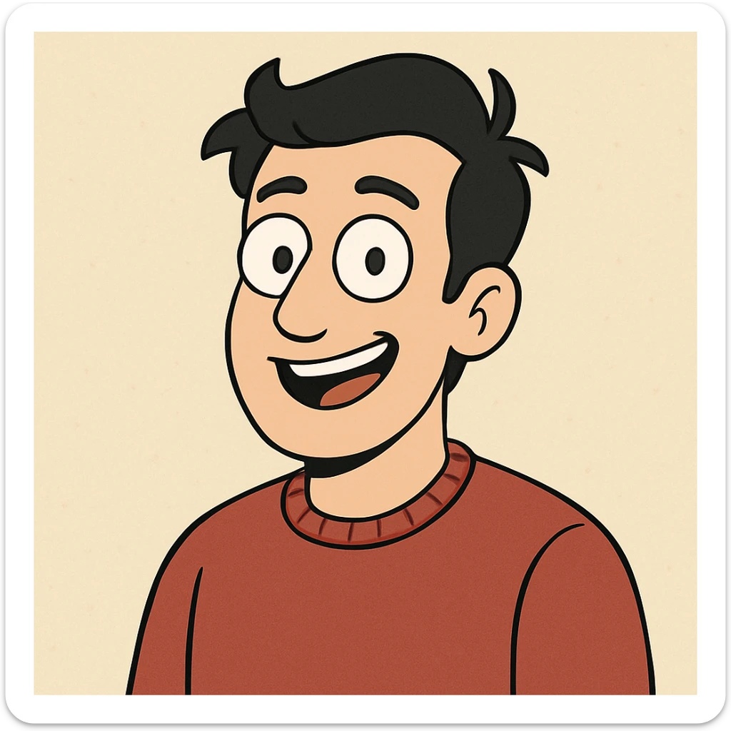a smiling guy with a red sweater, brown eyes, and black hair, cartoon style, upper body, simple background sticker