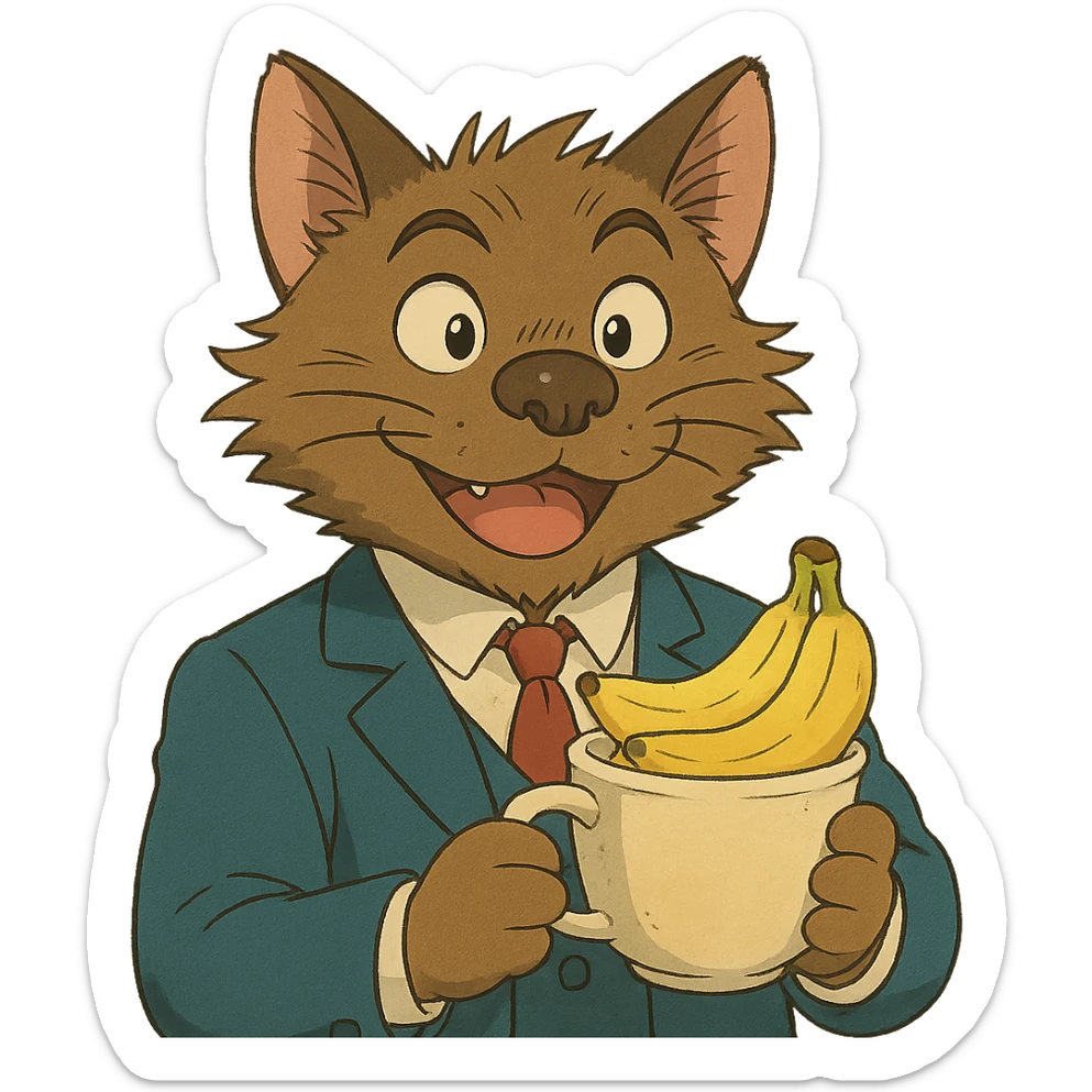ghibli style cat with a dog nose, wearing a suit, earring, holding a cup of bananas, playful expression sticker