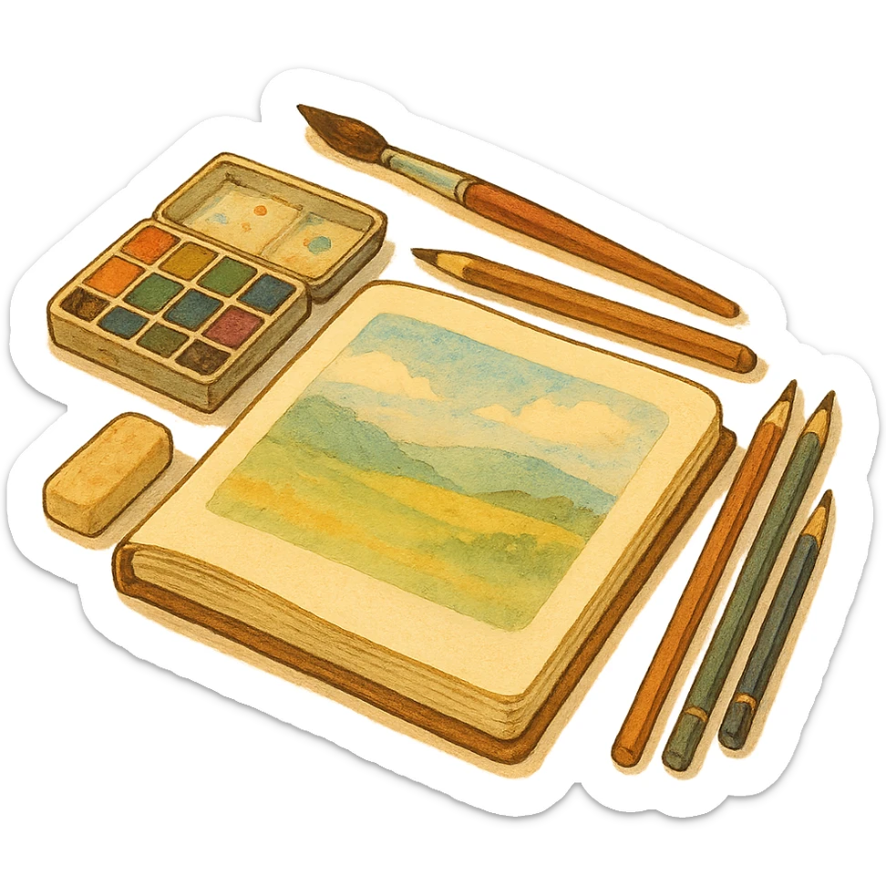ghibli style illustration of a sketchbook with art supplies, warm and inviting sticker