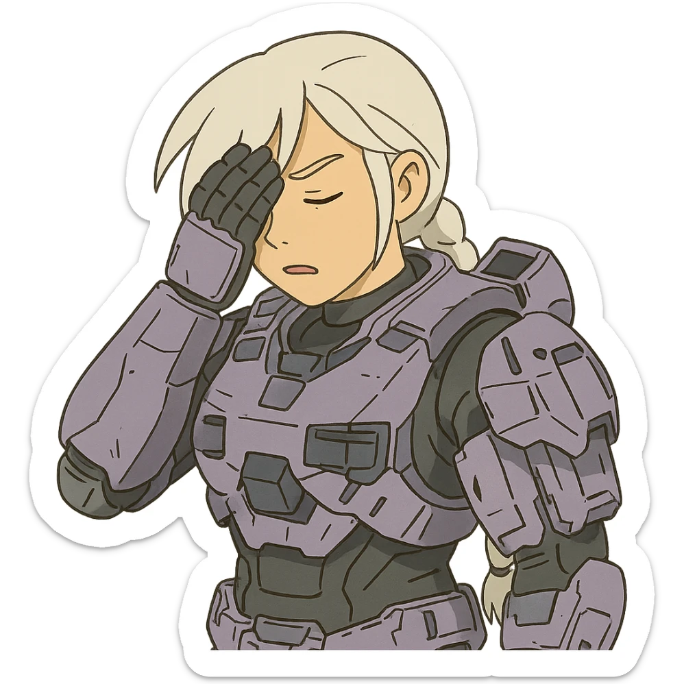 female, wearing reach spartan armor shoulder-unequip, long white braid hair with massive messy front side single bangs, gold yellow eyes, attention pose, D-cup size, HALO:series, no helmet, the armor is lavender color scheme, facepalm, smh, eyes closed sticker