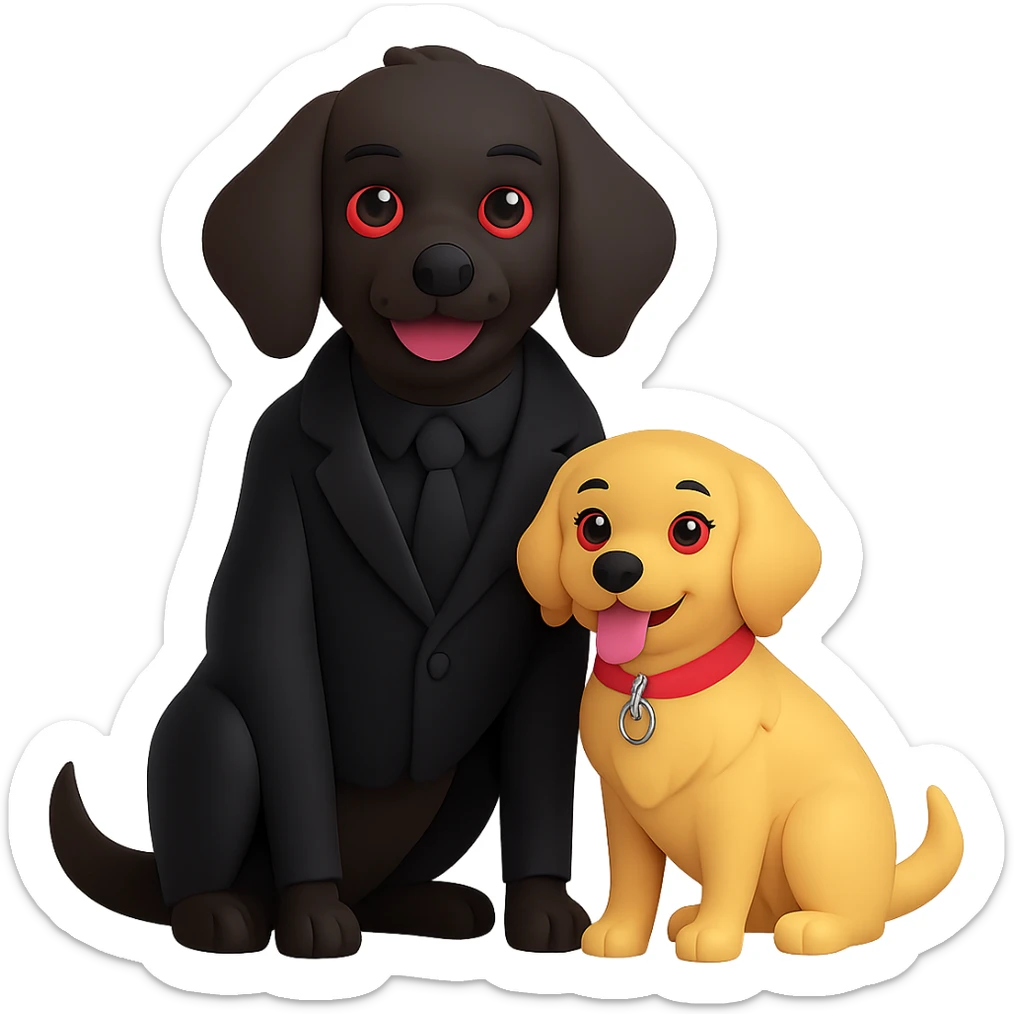 Change the vampire to have brown skin and dress all in black, keep the vampire on the left and the happy golden retriever on the right, preserve the 3D emoji style, keep the background transparent. The style to emulate is 3D emoji style with transparent background. sticker