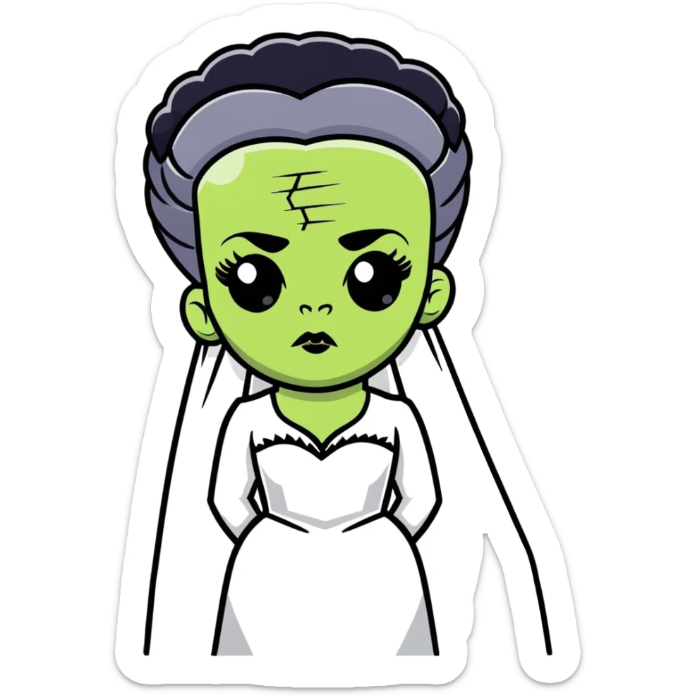 Bride of Frankenstein with tall black and white hair and stitches on face sticker