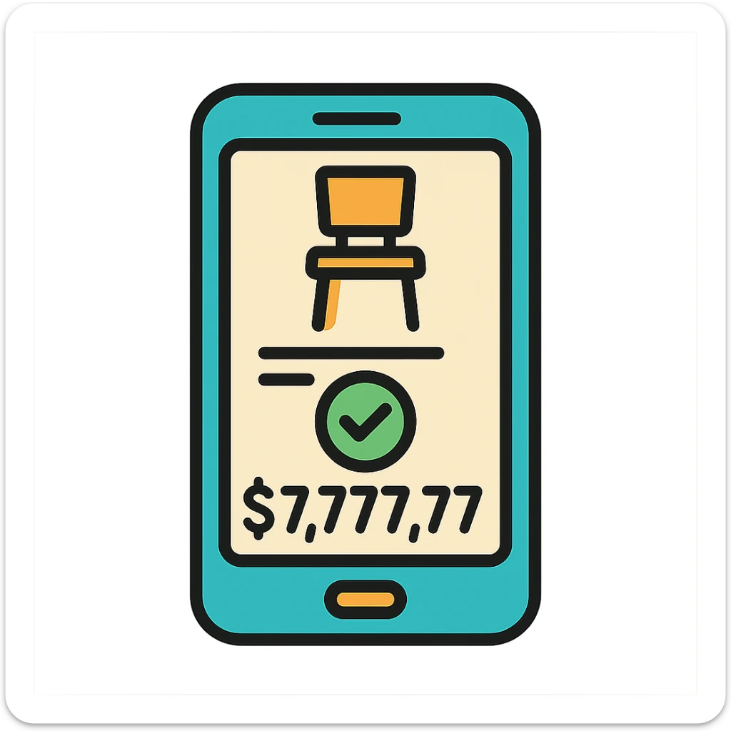 a furniture order confirmation on a phone screen, displaying $7,777,777, color outline style sticker