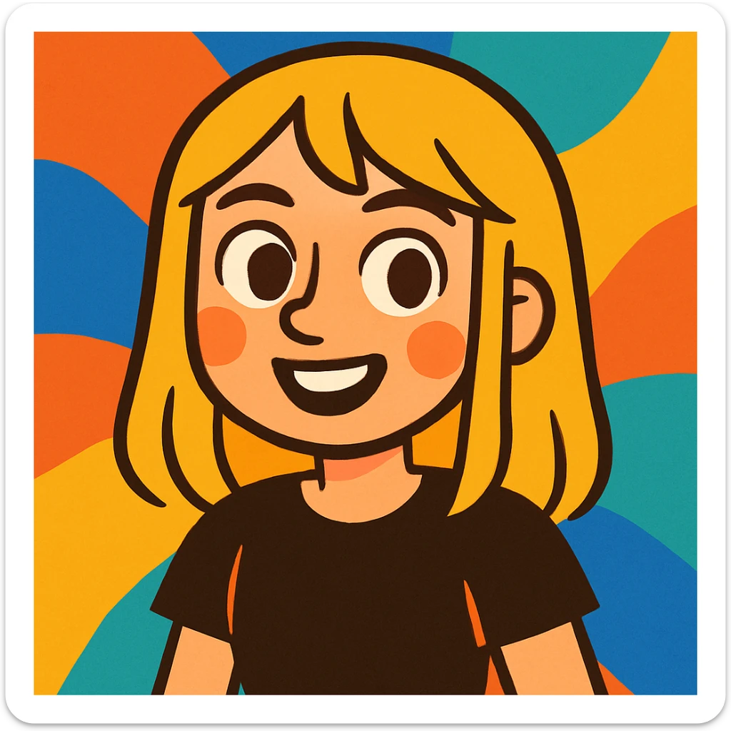 a girl with blonde, straight hair, brown eyes, wearing a black t-shirt, vibrant cartoon style sticker