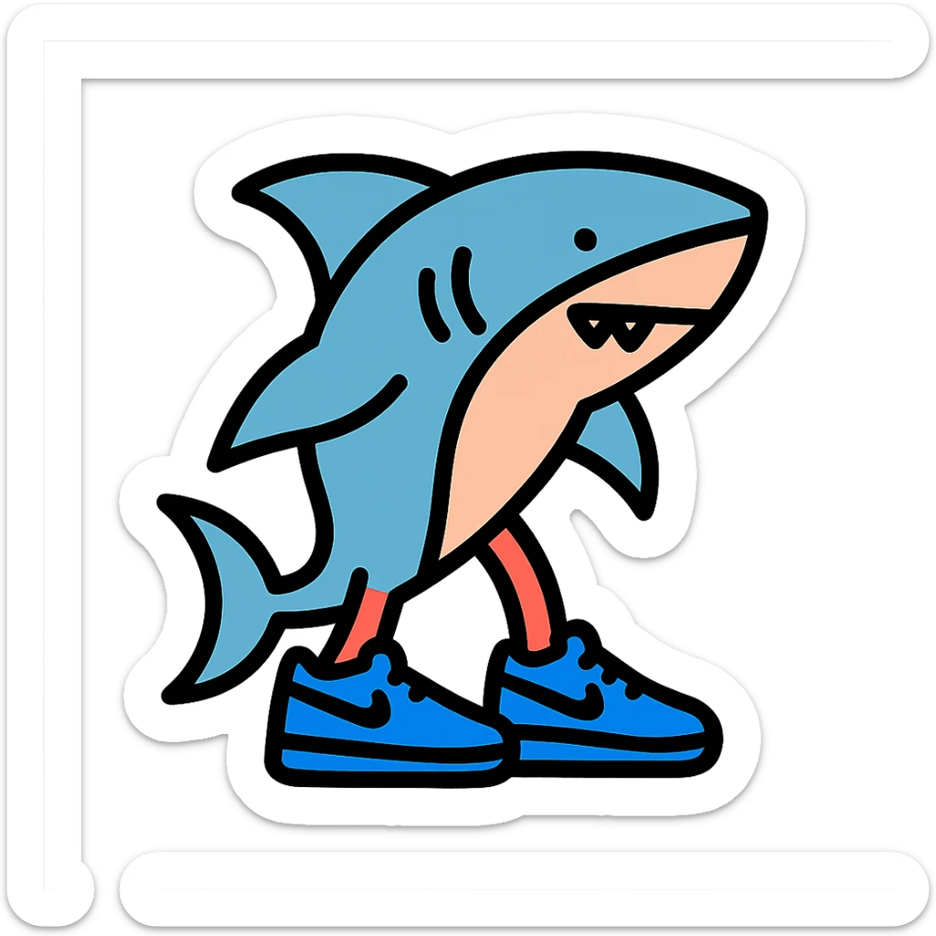 shark wearing blue Nike shoes, icon style, clean lines, simple shapes, minimal color, modern look sticker