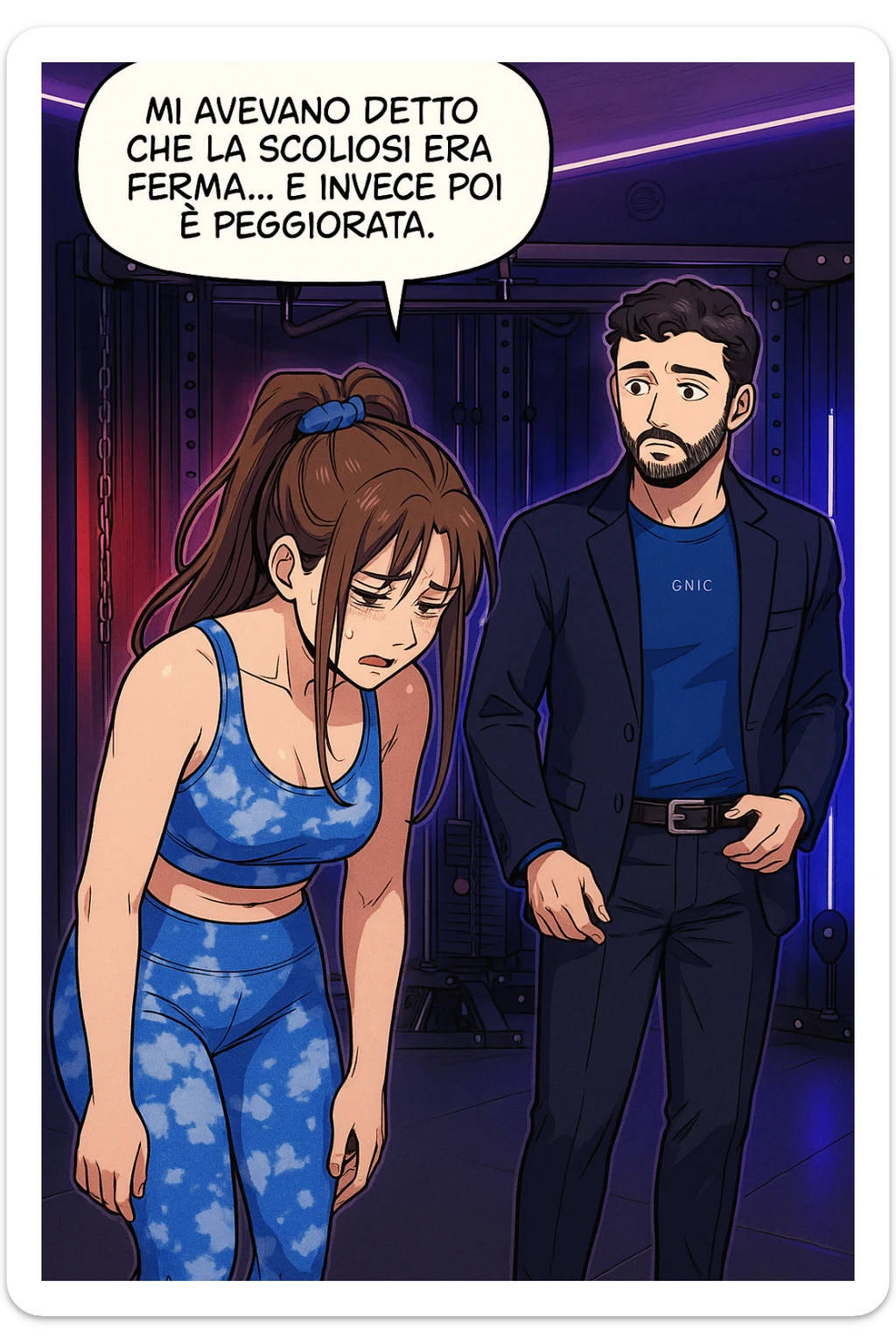 fai questa immagine in versione fumetto/manga/webtoon a colori, il manga mostra la donna disperata con un fumetto sulla testa che dice:
Mi avevano detto che la scoliosi era ferma… e invece poi è peggiorata.
 sticker