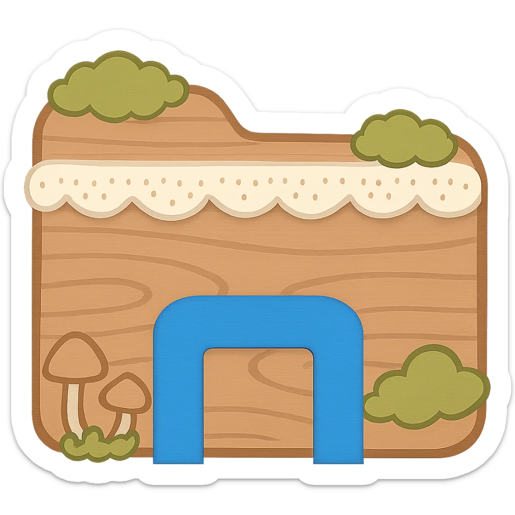 In the style of the provided icon, add a bright blue archway at the bottom center. The archway should match the shape and color of the blue piece from the File Explorer icon. Keep the rest of the icon unchanged, preserving the cottagecore theme with wood texture, lace, moss, and mushrooms. No words. Transparent background. sticker