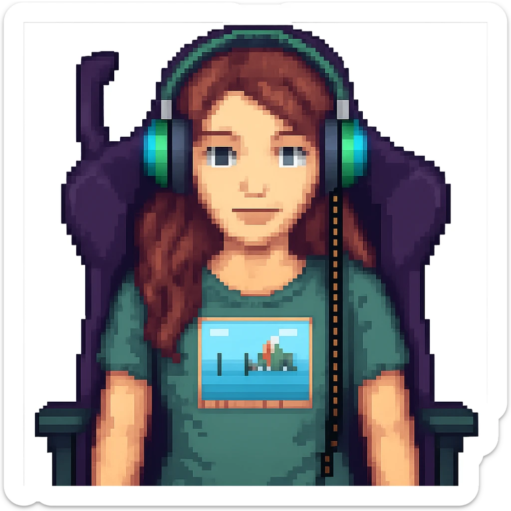 Make the streamer a female with headphones and a gaming chair in pixel art style. Remove the background. sticker