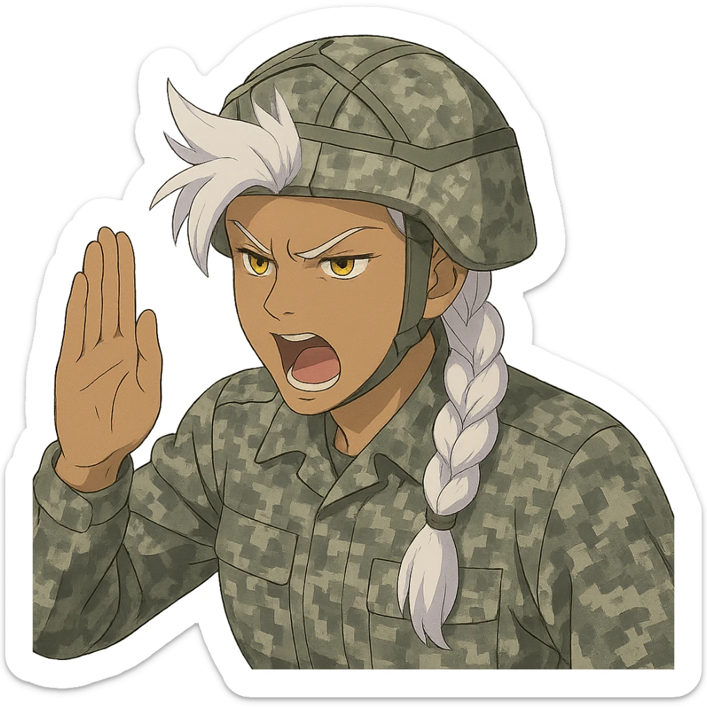 Style of Anime, 1 female, gold yellow eyes, white hair lavender tips, locks in front, mohawk, long white braid, she is a drill sergeant at work, focused facial expression, shouting command, eyes looking down in front of her, a blade hand  vertical palm gesture "to the forward" direction, uniform of gray large scale digital camo. her head is covered with a PAGS style wrapped ballistic helmet sticker