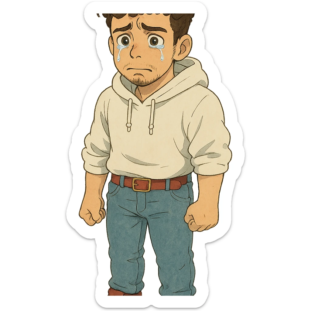 1 male, mid fade haircut dark chestnut brown curly hair, toasted lightskin, white hoodie sleeves up, fashion jeans, red fashion-sneakers shoes, red belt, short trimmed beard and goatee,  style of deku from "my hero academia", FACIAL EXPRESSION IS VERY SAD, TEARS WELLING UP sticker