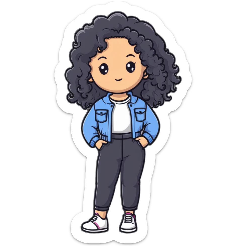 Stylish girl with long curly hair in fashionable outfit sticker