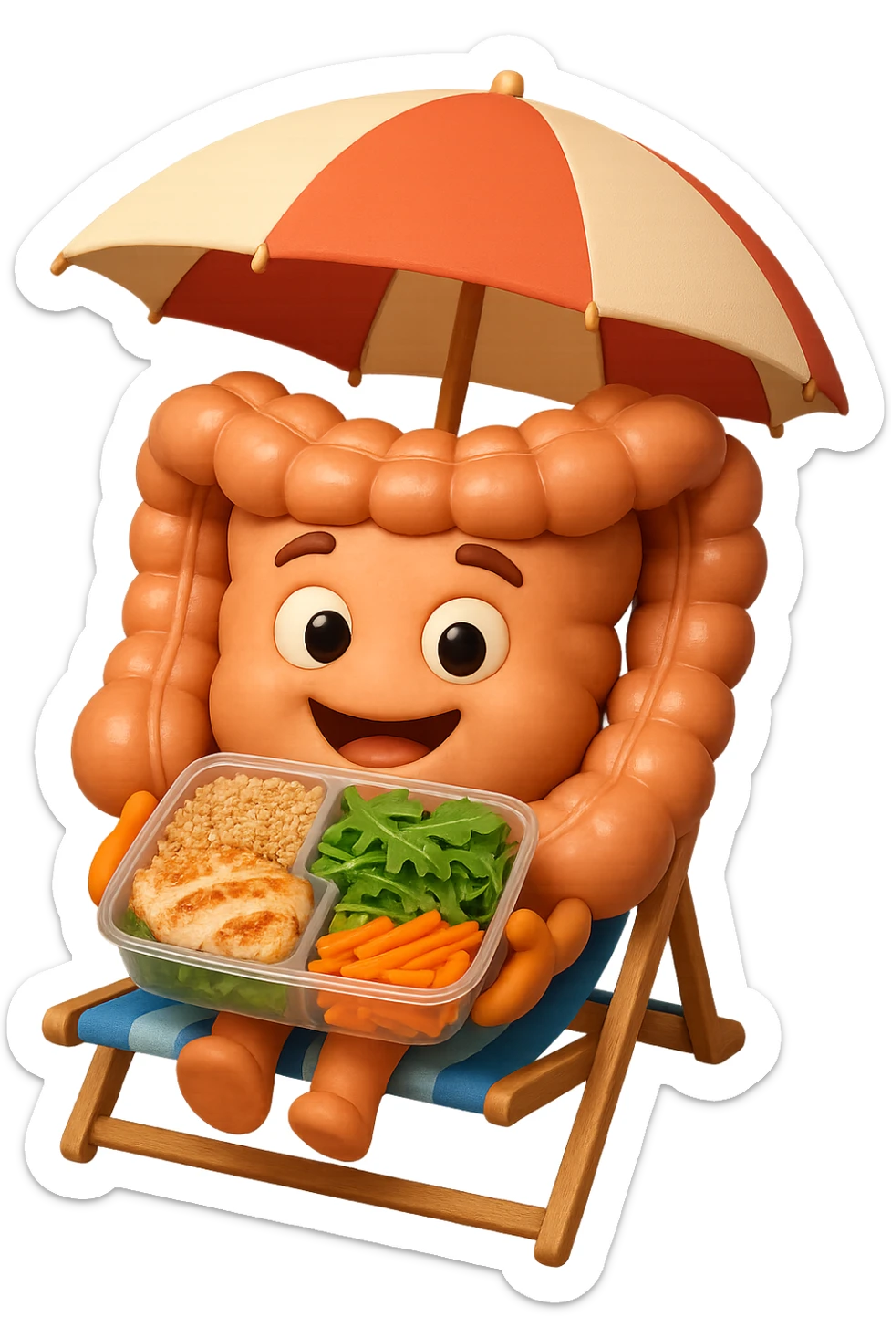 EMOJI STILE IPHONE DI INTESTINO IN SPIAGGIA SU UNA SPIAGGINA SOTTO L'OMBRELLONE CON IN MANO UNA SCHISCETTA DI Insalata di quinoa e pollo con rucola e carote, iperrealistica 4k sticker