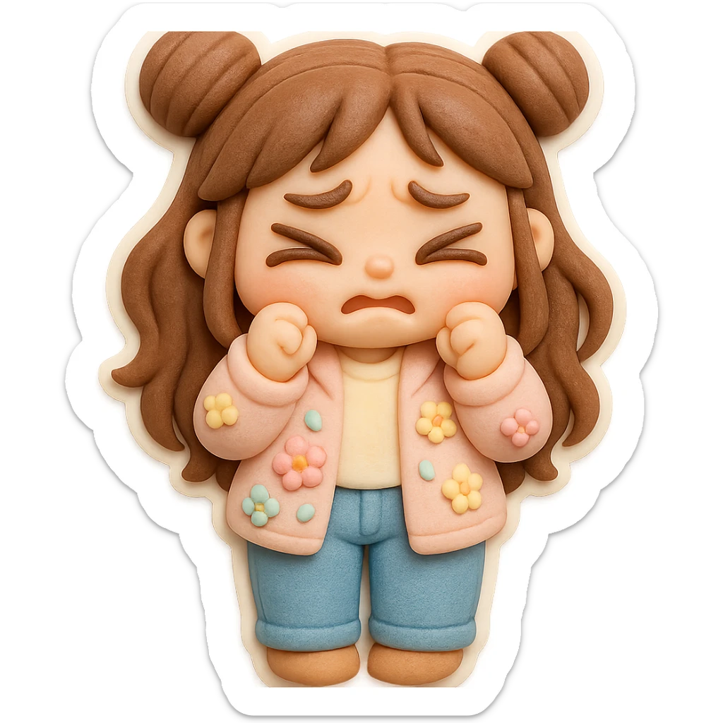 3D chibi fondant cake art style, high-quality rendering with smooth shadows and soft gradients. Girl with long brown hair in two space buns, brown eyes, jeans, pastel floral cardigan, thick white outline like a sticker, transparent background. Closing her eyes in fear, preserve facial features. sticker