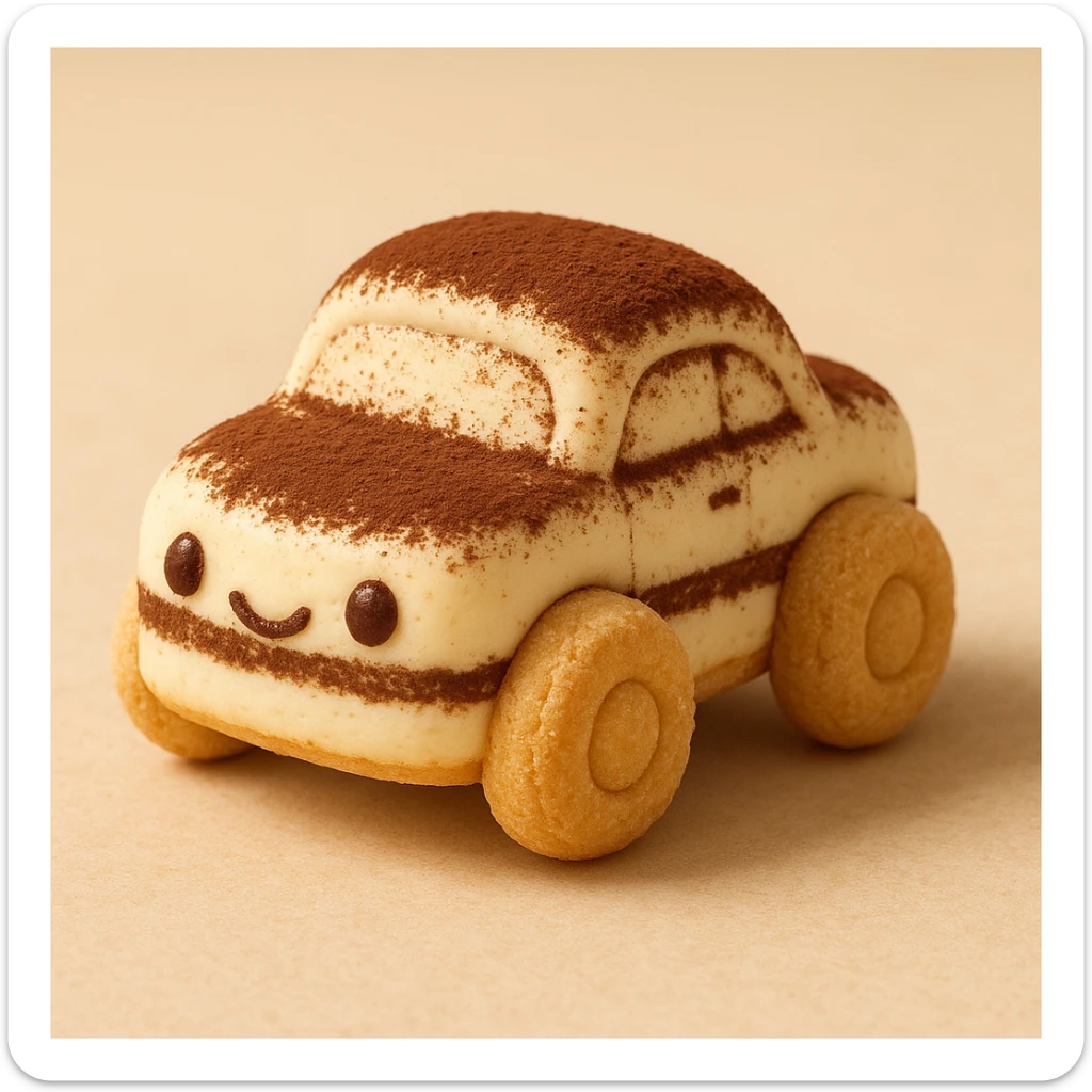 tiny tiramisu car, ladyfinger wheels, creamy mascarpone body, cocoa powder details, playful and cute, dessert-inspired sticker