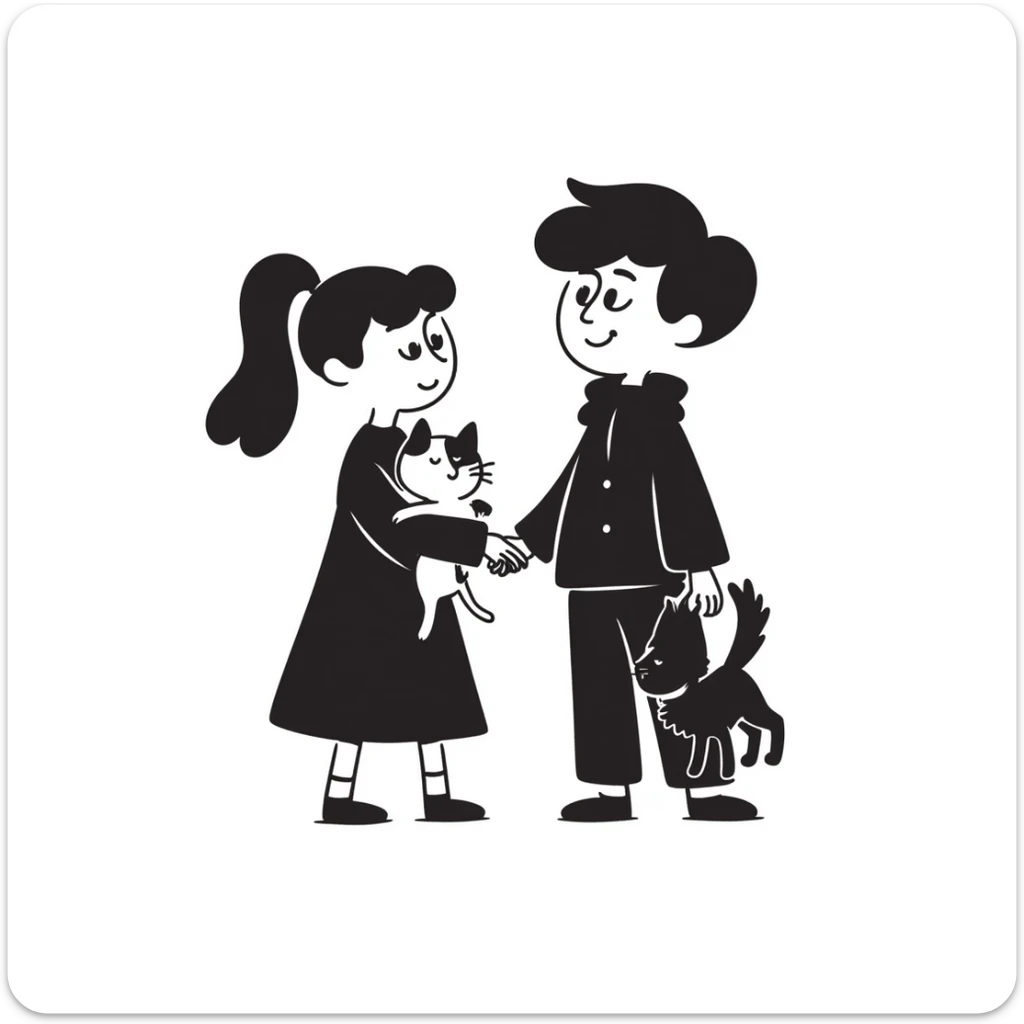 A girl with long brown hair holding the hand of a boy with black hair, both dressed in black, holding a cat and dog sticker