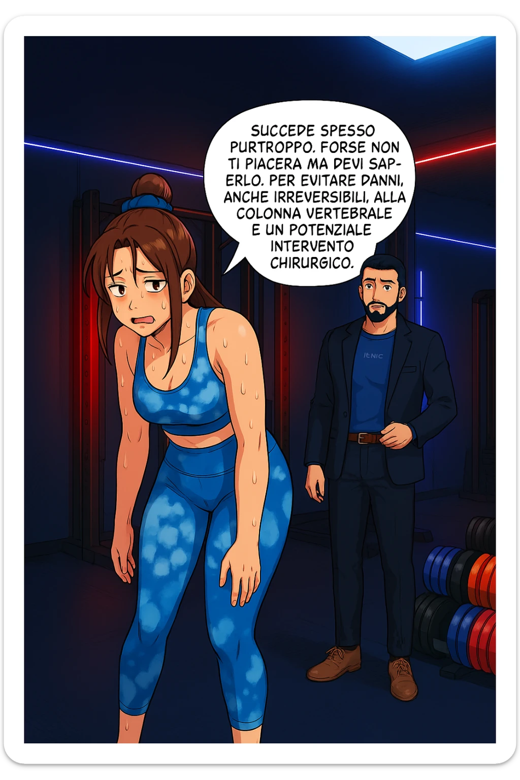 fai questa immagine in versione fumetto/manga/webtoon a colori, il manga mostra l'uomo che risponde alla donne:
Succede spesso purtroppo. 
Forse non ti piacerà ma devi saperlo, per evitare danni, anche irreversibili, alla colonna vertebrale e un potenziale intervento chirurgico. sticker