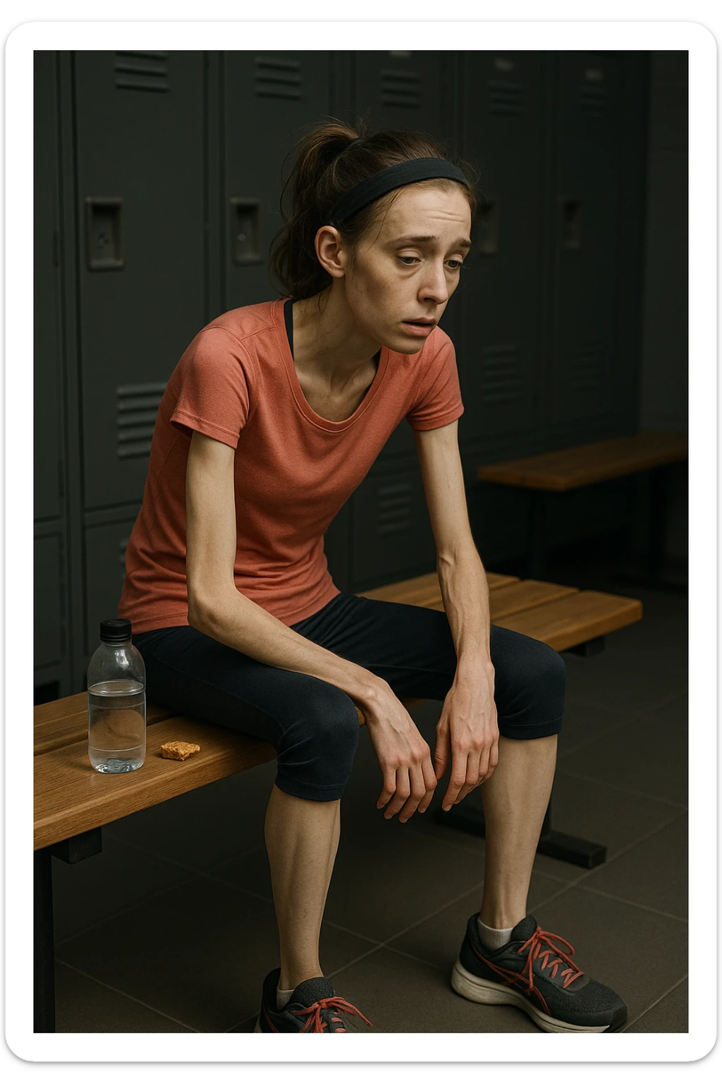 3D rendered scene: a woman in her 20s wearing running clothes sits on a bench in a locker room, looking exhausted and weak. Her face shows signs of fatigue, and her limbs appear thin and lacking muscle tone. A water bottle and a small, half-eaten snack are beside her, hinting at insufficient nutrition. The environment is realistic, with a focus on her physical and emotional state. sticker